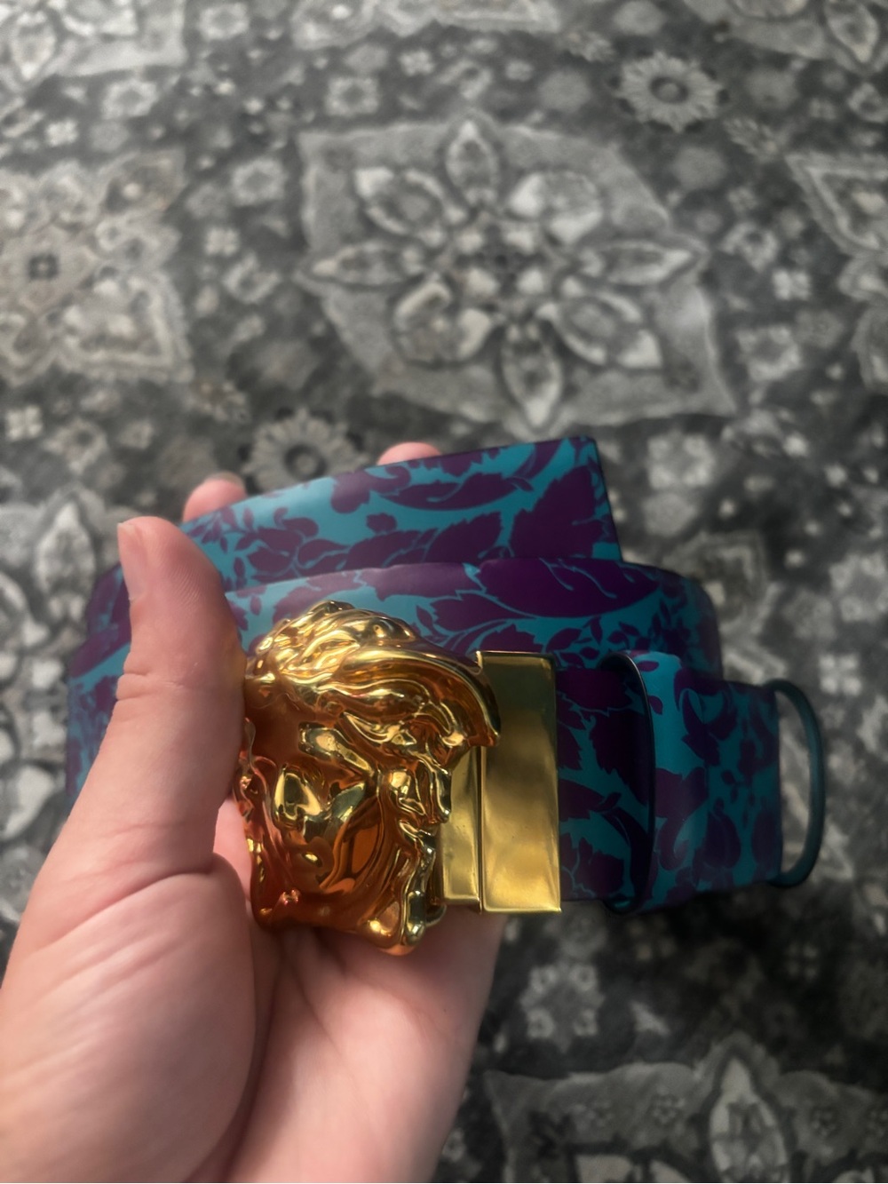 Versace Purple and Teal Floral Belt with Gold Medusa Buckle